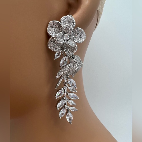 FLORAL BIRD MICRO PAVE CZ DANGLE EARRINGS - Picture 3 of 5